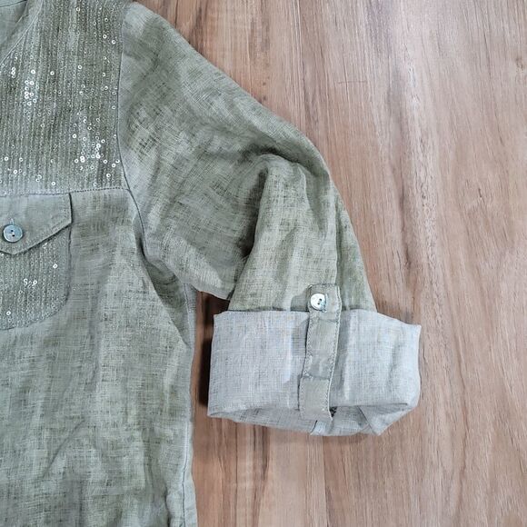 🔺️Soft Surroundings Olive Sequined Linen Long Sleeve Top XSmall - Picture 10 of 14